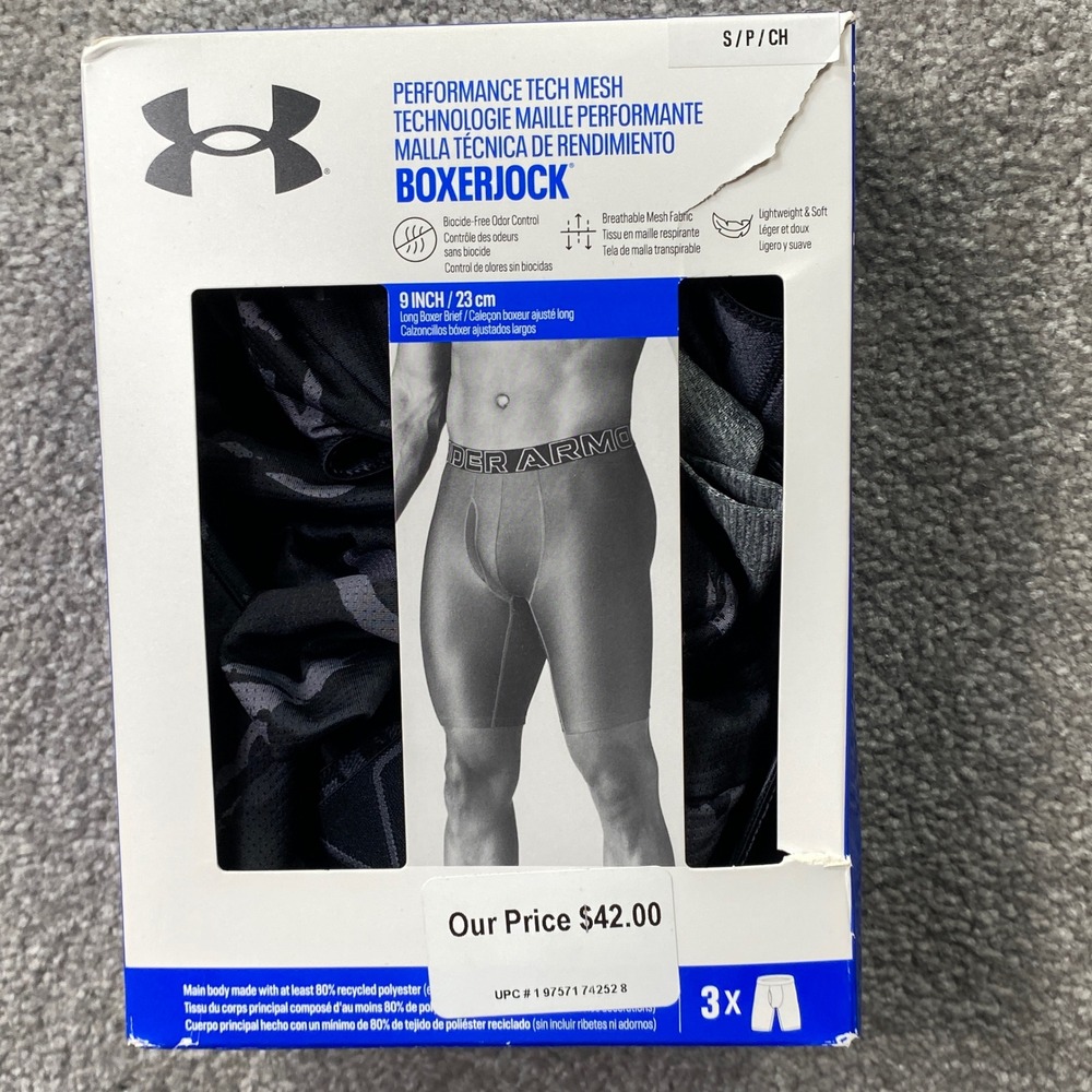 Under Armour Boxerjock 3-Pack Mens Small Black Grey 9 Inch Performance Tech Mesh